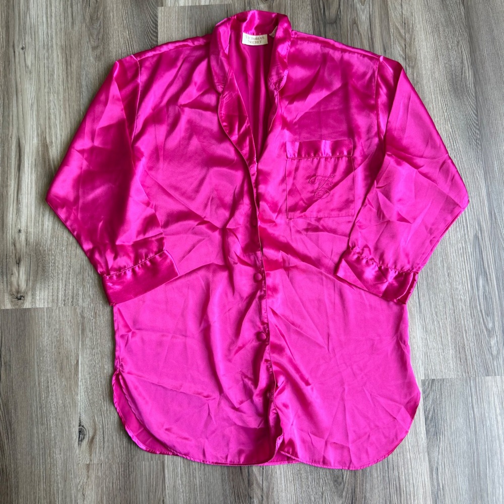 Victoria Secret Gold Label Pink Satin Button Up Sleep Pajama Tunic Top Small